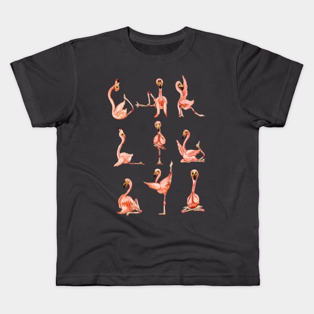 Flamingo Yoga Watercolor Kids T-Shirt by huebucket